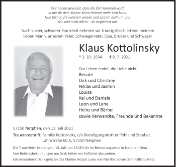Traueranzeige von Klaus Kottolinsky von Siegener Zeitung