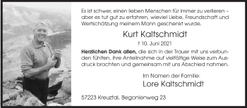 Traueranzeige von Kurt Kaltschmidt von Siegener Zeitung