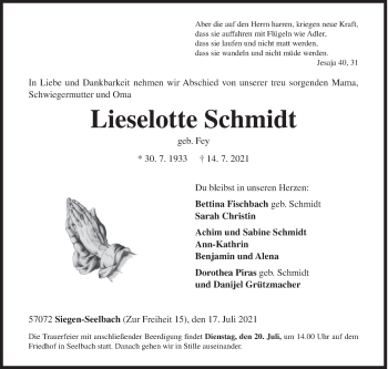 Traueranzeige von Lieselotte Schmidt von Siegener Zeitung