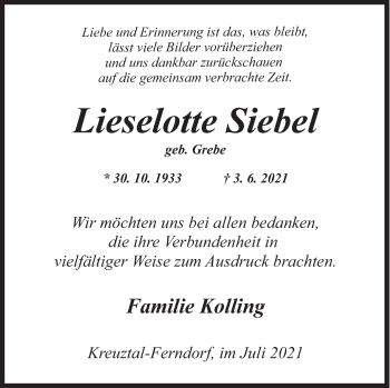 Traueranzeige von Lieselotte Siebel von Siegener Zeitung