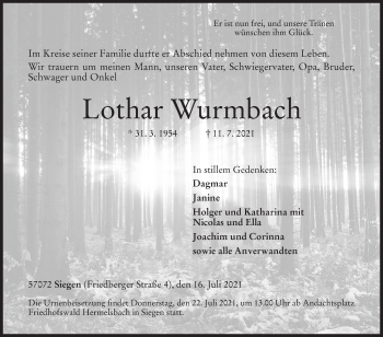 Traueranzeige von Lothar Wurmbach von Siegener Zeitung
