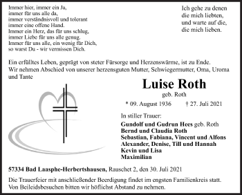 Traueranzeige von Luise Roth von Siegener Zeitung