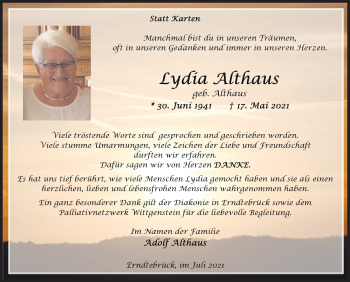 Traueranzeige von Lydia Althaus von Siegener Zeitung