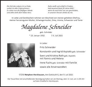 Traueranzeige von Magdalene Schneider von Siegener Zeitung