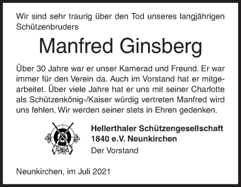 Traueranzeige von Manfred Ginsberg von Siegener Zeitung