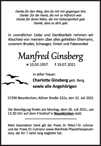 Traueranzeige von Manfred Ginsberg von Siegener Zeitung