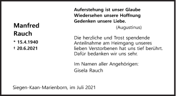 Traueranzeige von Manfred Rauch von Siegener Zeitung