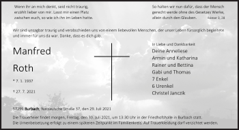 Traueranzeige von Manfred Roth von Siegener Zeitung