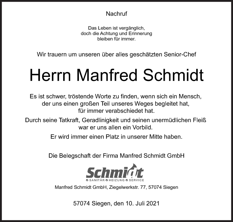  Traueranzeige für Manfred Schmidt vom 10.07.2021 aus Siegener Zeitung