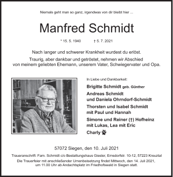 Traueranzeige von Manfred Schmidt von Siegener Zeitung