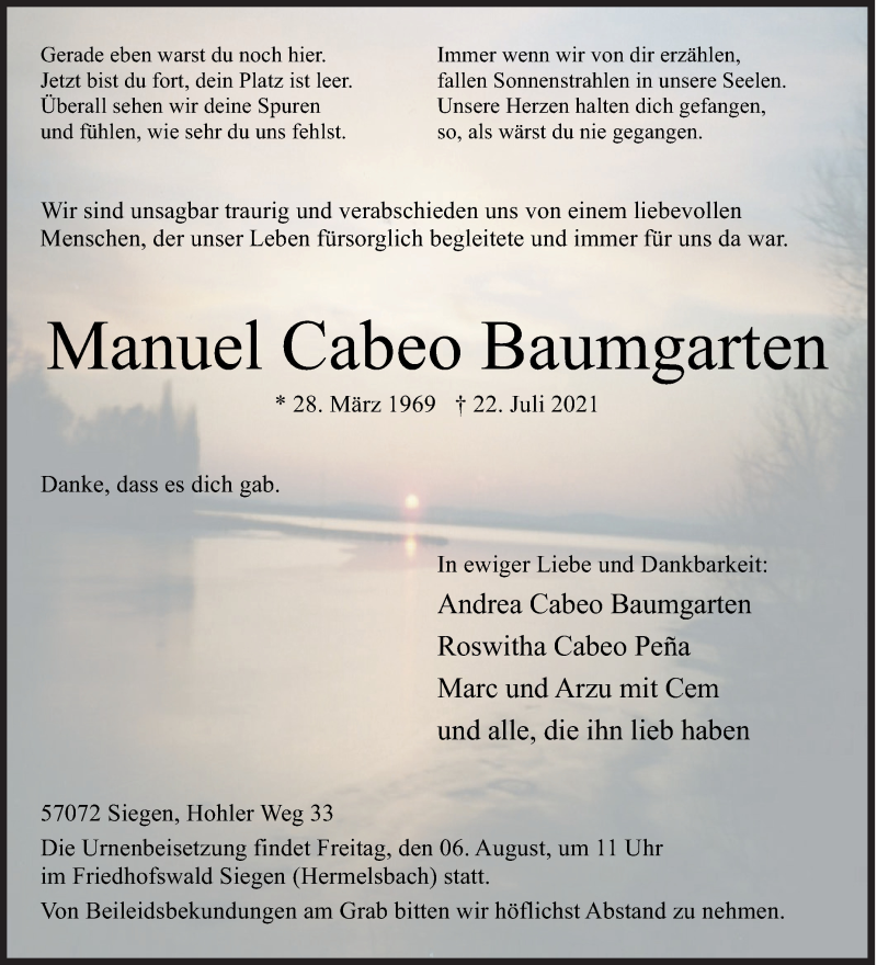  Traueranzeige für Manuel Cabeo Baumgarten vom 31.07.2021 aus Siegener Zeitung