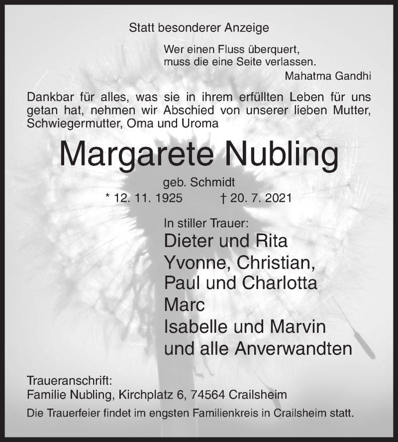  Traueranzeige für Margarete Nubling vom 24.07.2021 aus Siegener Zeitung