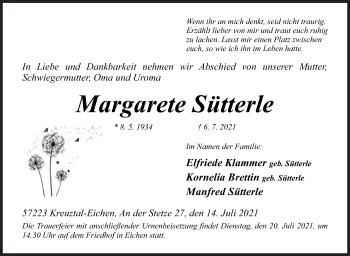 Traueranzeige von Margarete Sütterle von Siegener Zeitung
