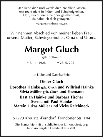 Traueranzeige von Margot Gluch von Siegener Zeitung