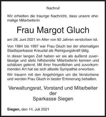 Traueranzeige von Margot Gluch von Siegener Zeitung