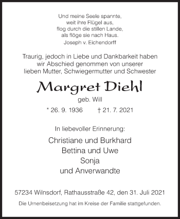 Traueranzeige von Margret Diehl von Siegener Zeitung