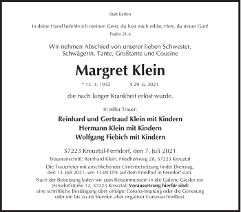 Traueranzeige von Margret Klein von Siegener Zeitung