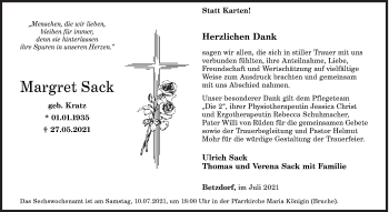 Traueranzeige von Margret Sack von Siegener Zeitung
