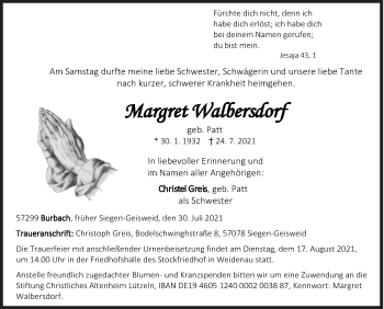 Traueranzeige von Margret Walbersdorf von Siegener Zeitung