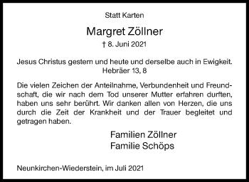 Traueranzeige von Margret Zöllner von Siegener Zeitung