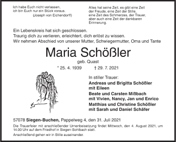 Traueranzeige von Maria Schößler von Siegener Zeitung