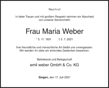 Traueranzeige von Maria Weber von Siegener Zeitung
