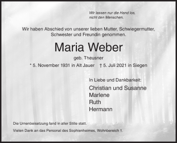 Traueranzeige von Maria Weber von Siegener Zeitung