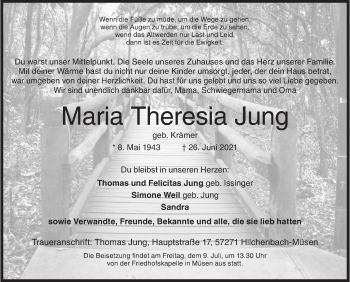 Traueranzeige von Maria Theresia Jung von Siegener Zeitung
