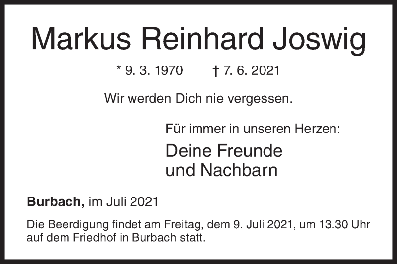  Traueranzeige für Markus Reinhard Joswig vom 03.07.2021 aus Siegener Zeitung