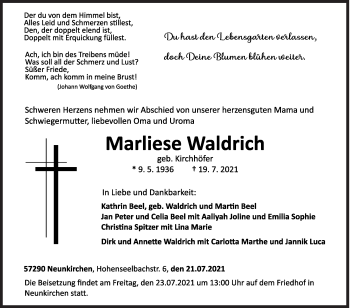 Traueranzeige von Marliese Waldrich von Siegener Zeitung