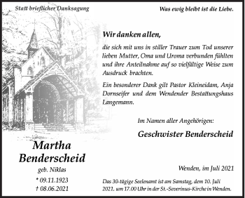 Traueranzeige von Martha Benderscheid von Siegener Zeitung