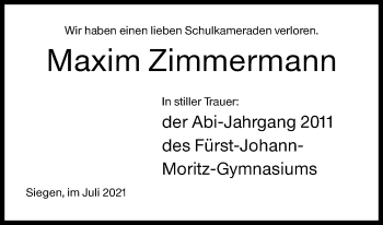 Traueranzeige von Maxim Zimmermann von Siegener Zeitung
