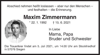 Traueranzeige von Maxim Zimmermann von Siegener Zeitung