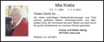 Traueranzeige von Mia Krebs von Siegener Zeitung