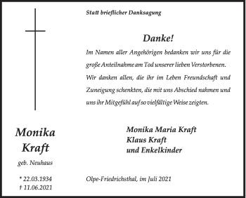 Traueranzeige von Monika Kraft von Siegener Zeitung