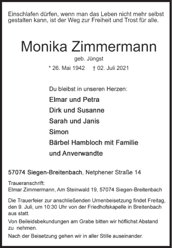 Traueranzeige von Monika Zimmermann von Siegener Zeitung