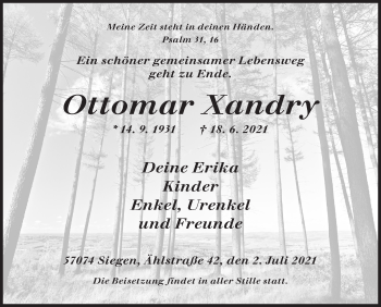 Traueranzeige von Ottomar Xandry von Siegener Zeitung