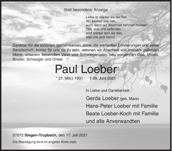 Traueranzeige von Paul Loeber von Siegener Zeitung