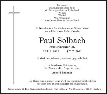 Traueranzeige von Paul Solbach von Siegener Zeitung
