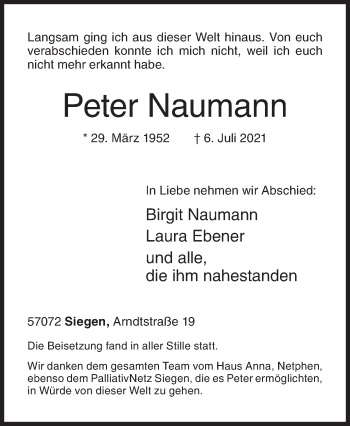 Traueranzeige von Peter Naumann von Siegener Zeitung