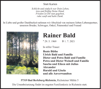 Traueranzeige von Rainer Bald von Siegener Zeitung