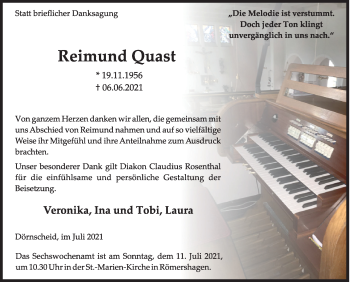 Traueranzeige von Reimund Quast von Siegener Zeitung