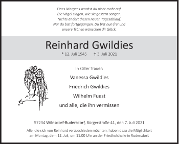 Traueranzeige von Reinhard Gwildies von Siegener Zeitung