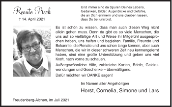 Traueranzeige von Renate Pieck von Siegener Zeitung