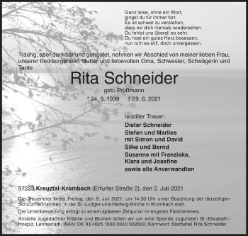 Traueranzeige von Rita Schneider von Siegener Zeitung