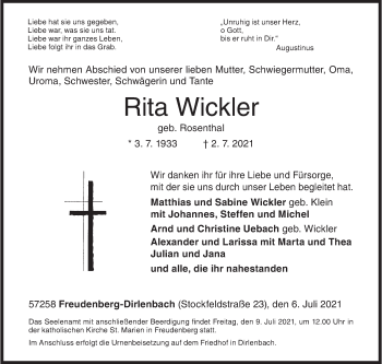 Traueranzeige von Rita Wickler von Siegener Zeitung