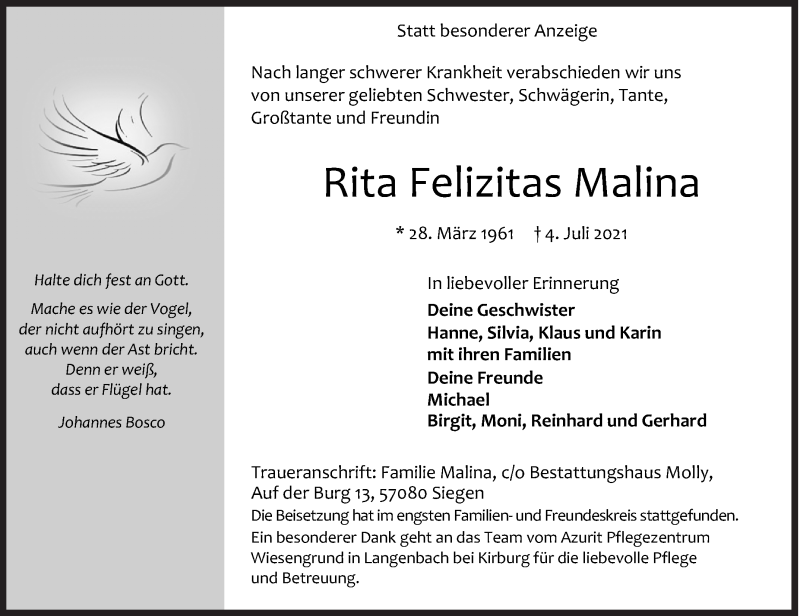  Traueranzeige für Rita Felizitas Malina vom 24.07.2021 aus Siegener Zeitung