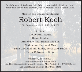 Traueranzeige von Robert Koch von Siegener Zeitung