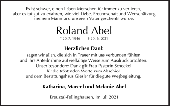 Traueranzeige von Roland Abel von Siegener Zeitung