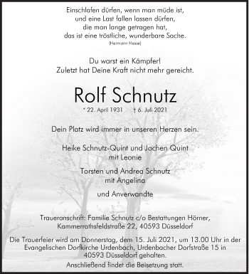 Traueranzeige von Rolf Schnutz von Siegener Zeitung